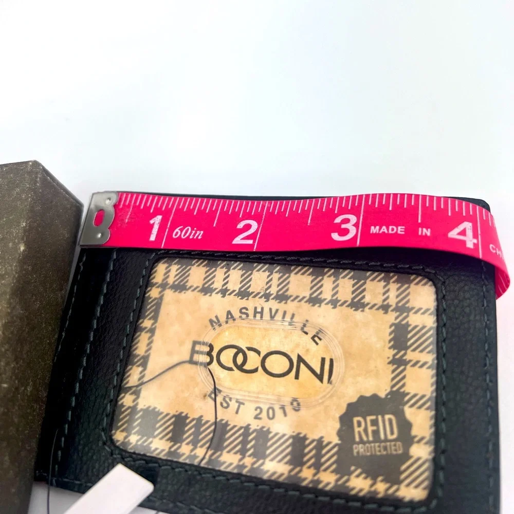 BOCONI PEBBLED LEATHER ID CARD CASE, RFID WALLET W/KEY RING LOOP. 3x4 INCHES BLK